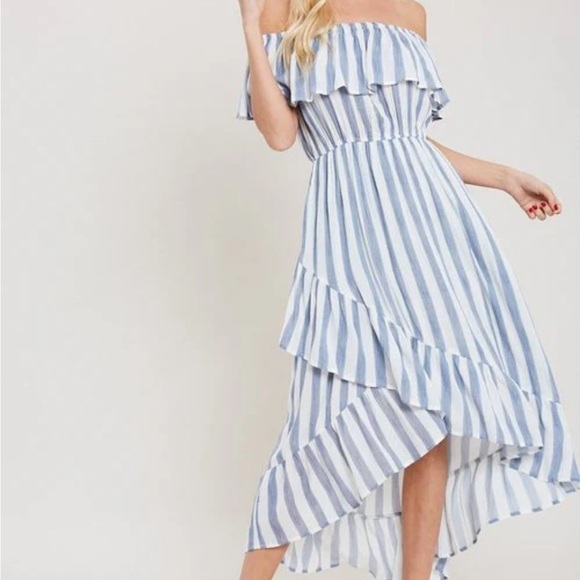 Sans Souci Dresses & Skirts - SANS SOUCI High Low Ruffled off shoulder Maxi Dress Blue White Stripe m